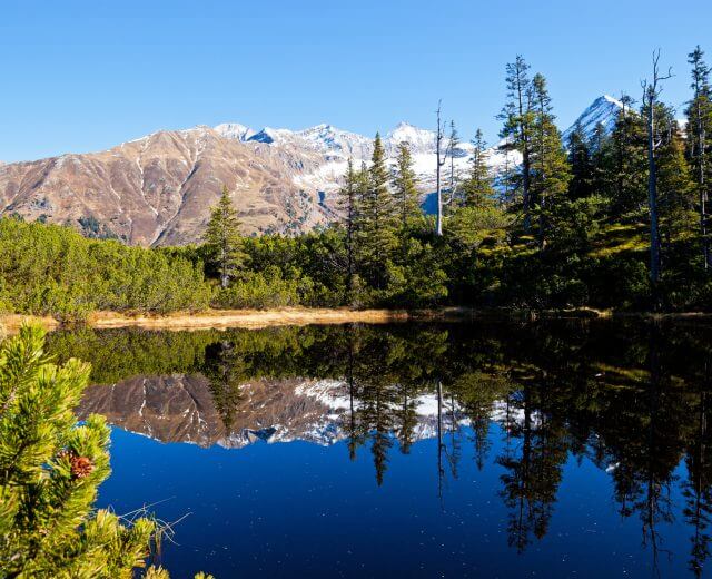 Berge und Bäume spiegeln sich im Bergsee