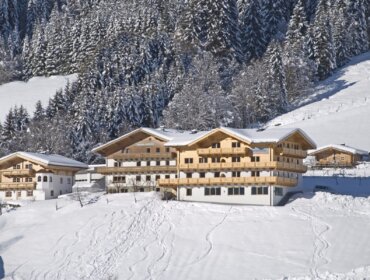 Österreichische Chalets mit Holzbalkonen, umgeben von verschneiten Hügeln und Pinien im winterlichen Bergpanorama.