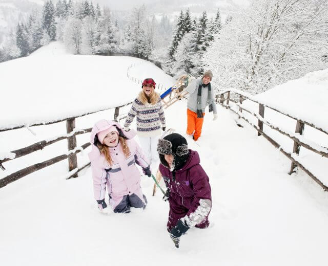 Familie beim Rodeln im Winter