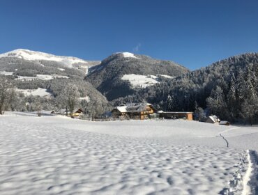 winterfoto-hotel Verschneite Landschaft mit Häusern, Bäumen und dem BioVitalHotel Sommerau, Berge im Hintergrund, darüber blauer Himmel.