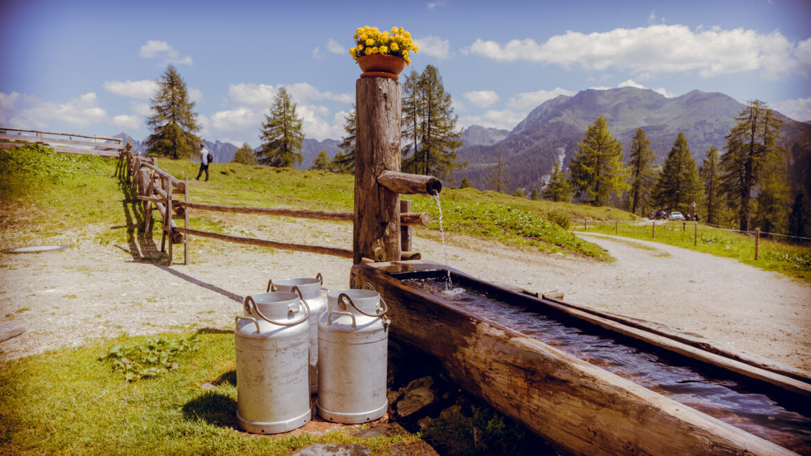 Zwei Milchkannen an einem hölzernen Wassertrog, die die Almsommer-Eröffnung in einer malerischen Berglandschaft feiern. (vergrößerte Ansicht)