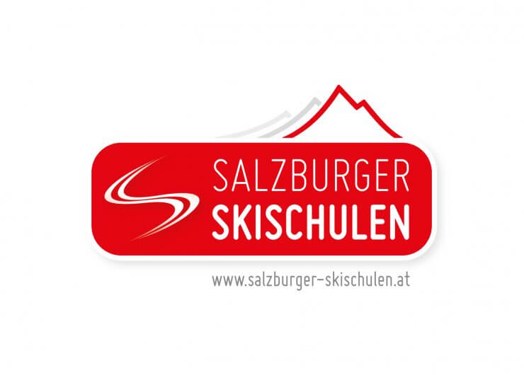 Rot-weißes Logo der Salzburger Skischulen mit einem Bergumriss, darunter die URL der Website.