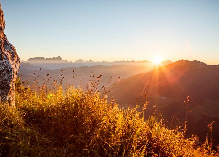 saalbach_landschaft_sommer Sonnenaufgang über den Bergen mit hohem Gras im Vordergrund, das ein warmes, goldenes Licht auf die Landschaft wirft.