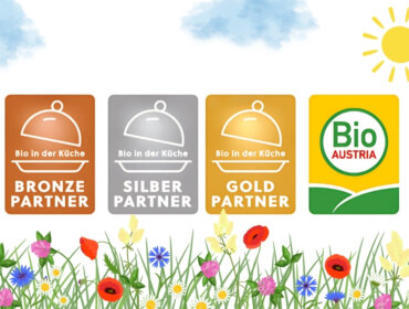 Vier Partnerabzeichen mit den Bezeichnungen Bronze, Silber, Gold und Bio Austria über Blumen, Wolken und einer Sonne.