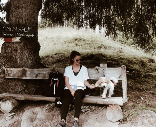 Entdecker-Berries-and-Passion Frau sitzt auf einer rustikalen Bank neben einem Hund unter einem Baum, mit einem Wanderschild im Hintergrund.
