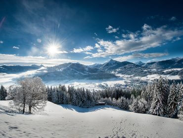 Eine schneebedeckte Landschaft mit Kiefern und Bergen umgibt Altenmarkt-Zauchensee in einem sonnenbeschienenen Tal.