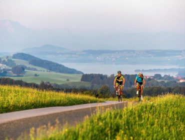 Rennrad_SalzburgerLand_7450 Zwei Radfahrer genießen das Rennradfahren auf einer Landstraße, umgeben von grünen Feldern und Hügeln in der Nähe eines ruhigen Sees.