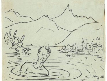Strichzeichnung einer Person, die in einem See schwimmt, mit von Alfons Walde inspirierten Bergen und österreichischen Dorfgebäuden im Hintergrund.