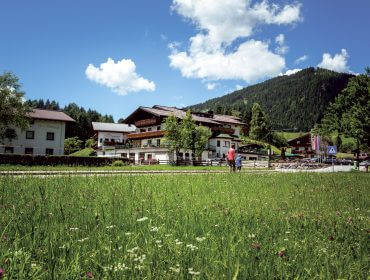 Person, die auf einem Weg neben Häusern im alpinen Stil, einer Wiese und Bergen unter einem blauen Himmel mit Wolken spazieren geht.