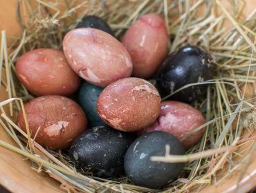 Ein Nest aus rot und schwarz gefärbten Eiern, die in einer Holzschale auf getrocknetem Gras ruhen.