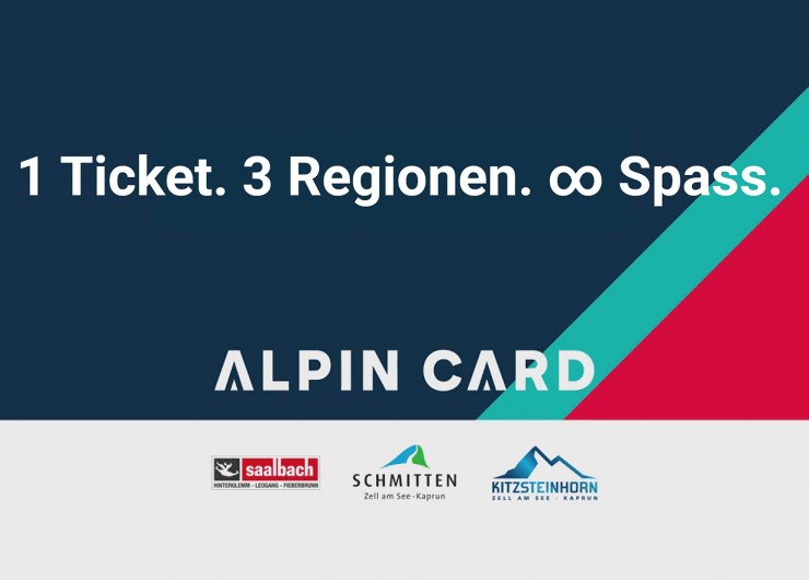 Textgrafik: 1 Fahrschein. 3 Regionen. ∞ Spass. und Alpin Card mit drei Skigebietslogos darunter.