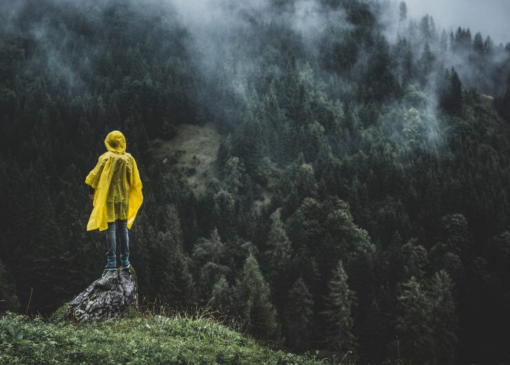 Eine Person in einem gelben Regenmantel steht auf einem Felsen und blickt auf eine neblige, bewaldete Berglandschaft.