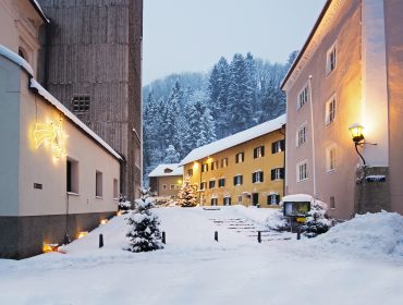 Verschneite Straße mit beleuchteten Fenstern und Gebäuden, Tannenbäumen und einer leuchtenden Straßenlaterne in einem ruhigen Winterdorf.