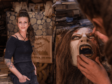 Eine Künstlerin in einem Atelier und eine Nahaufnahme, wie sie eine grimmige, knurrende Maske malt.