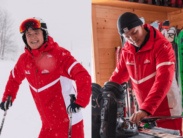 Geteiltes Bild: Links, Mann in roter Jacke beim Skifahren auf einer verschneiten Piste. Rechts, derselbe Mann beim Einstellen der Skiausrüstung in der Halle.