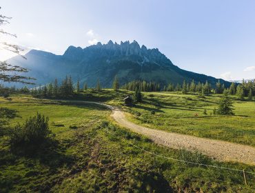 Ein gewundener Feldweg führt zu einer kleinen Hütte auf einer grünen Wiese mit Bergen im Hintergrund.