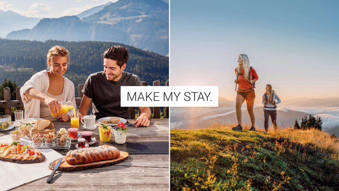 Ein Paar frühstückt im Freien; zwei Frauen wandern auf einem sonnenbeschienenen Bergpfad. Text: MACHT MEINEN AUFENTHALT.