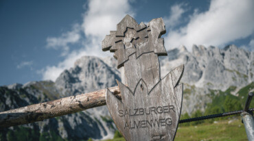 Holzschild mit der Aufschrift Salzburger Almenweg mit Bergen und blauem Himmel im Hintergrund.