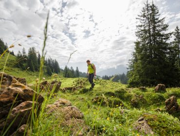 Eine Person wandert auf einem grasbewachsenen, felsigen Hügel, umgeben von Bäumen und Wildblumen, unter einem teilweise bewölkten Himmel.