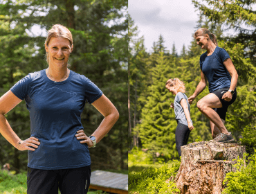 Geteiltes Bild: Links, lächelnde Frau mit Händen in den Hüften. Rechts, zwei Frauen, die auf einem Baumstumpf in einem Wald stehen.