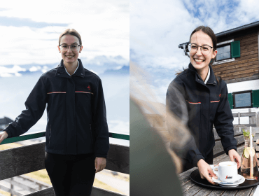 Split – Gastro- & Kassenmitarbeiterin Daniela Geteiltes Bild: Person im Freien auf einem Balkon, dann lächelnd beim Servieren von Kaffee an einem Holztisch an einem Gebäude.