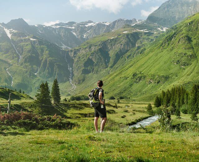 Ein Wanderer mit einem Rucksack steht in einem grünen Tal und blickt auf hohe Berge unter einem klaren Himmel.