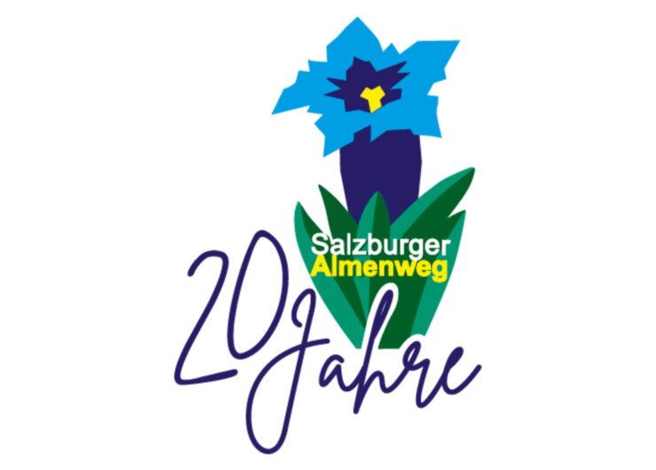 Logo mit einer blauen Blume, grünen Blättern und Text: Salzburger Almenweg 20 Jahre.