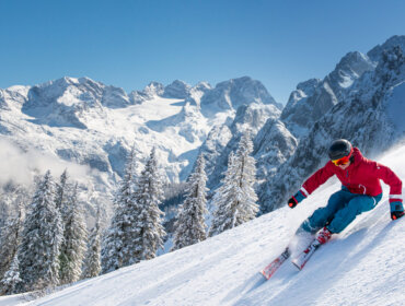 Ein Skifahrer in roter Jacke und blauer Hose fährt einen verschneiten Hang hinunter, mit Bergen und Kiefern im Hintergrund.