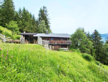Eine rustikale Almliesl-Holzhütte steht auf einem grasbewachsenen Hügel inmitten von Bäumen und Wildblumen unter einem klaren Himmel.