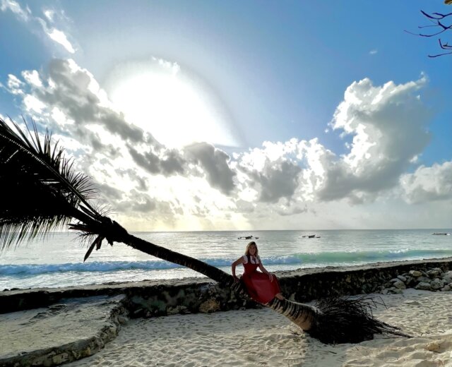 IMG_1546 Frau im roten Kleid sitzt auf einer angelehnten Palme an einem sonnigen Strand, mit Wellen und Wolken im Hintergrund.