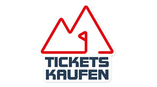 Roter Umriss eines Berges über fettem Text TICKETS KAUFEN auf weißem Hintergrund.