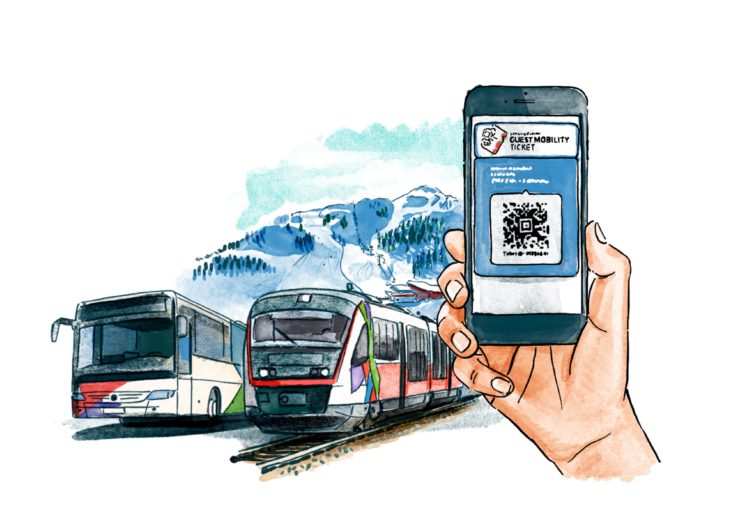 Eine Hand hält ein Smartphone mit einem QR-Code für ein Gästemobilitätsticket neben einem Bus und einem Zug inmitten einer Berglandschaft.