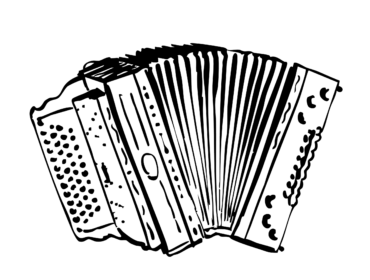 Schwarz-Weiß-Skizze eines Akkordeons mit detaillierten Knöpfen und Blasebalg sichtbar.