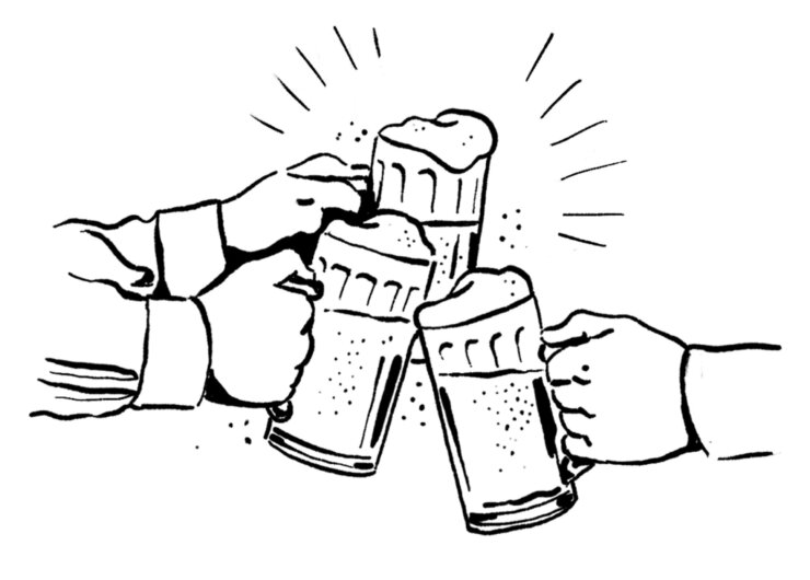 Drei Hände stoßen mit Bierkrügen an und stoßen feierlich an, mit Schaum auf jedem Krug.