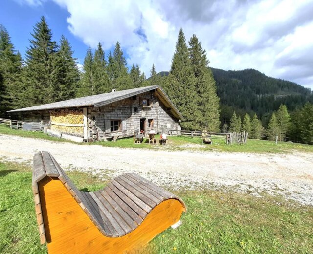 Eine österreichische Holzhütte auf einer Waldlichtung mit Bäumen, Bergen und einer geschwungenen Holzbank im Vordergrund.