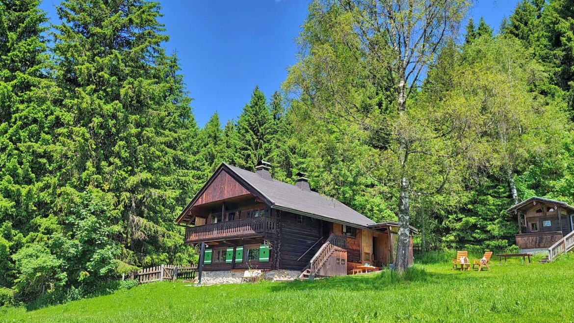 Eine Holzhütte, umgeben von grünem Gras und hohen Bäumen unter einem strahlend blauen Himmel mit vereinzelten Wolken. (vergrößerte Ansicht)