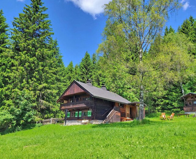 Eine Holzhütte, umgeben von grünem Gras und hohen Bäumen unter einem strahlend blauen Himmel mit vereinzelten Wolken.