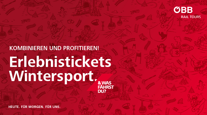 Sujet Bergbahnen_ Erlebnisticket Wintersport klein_700x390 Rote ÖBB Rail Tours Anzeige für Wintersport-Erlebnistickets mit weißem Text und Winteraktivitätssymbolen im Hintergrund.