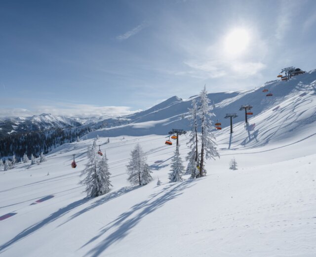 Skigebiet Flachau © Snow Space Salzburg – Christian Schartner Sonnige Skipiste mit Skiliften, schneebedeckten Bäumen und Bergen im Hintergrund an einem klaren Wintertag.