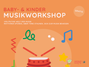 Buntes Plakat für einen kostenlosen Baby- und Kindermusik-Workshop mit verspielten Musiknoten und einer Cartoon-Trommel.