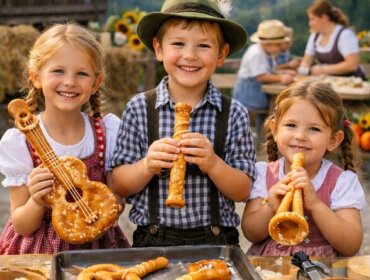 Drei lächelnde Kinder in traditioneller österreichischer Kleidung halten musikinstrumentenförmige Brezeln im Freien mit Bergen im Hintergrund.