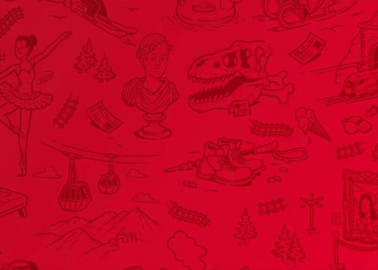 Roter Hintergrund mit verschiedenen Strichzeichnungen: Ballerina, Dinosaurierschädel, Gondeln, Zug, Turnschuhe, Porträt und Berge.