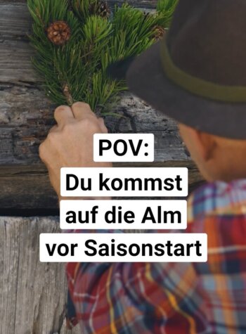 Ein Mann in kariertem Hemd und Hut hält einen Tannenzweig in der Hand; der Text „Salzburger Almenweg Stories“ kündigt auf Deutsch den Saisonstart an.
