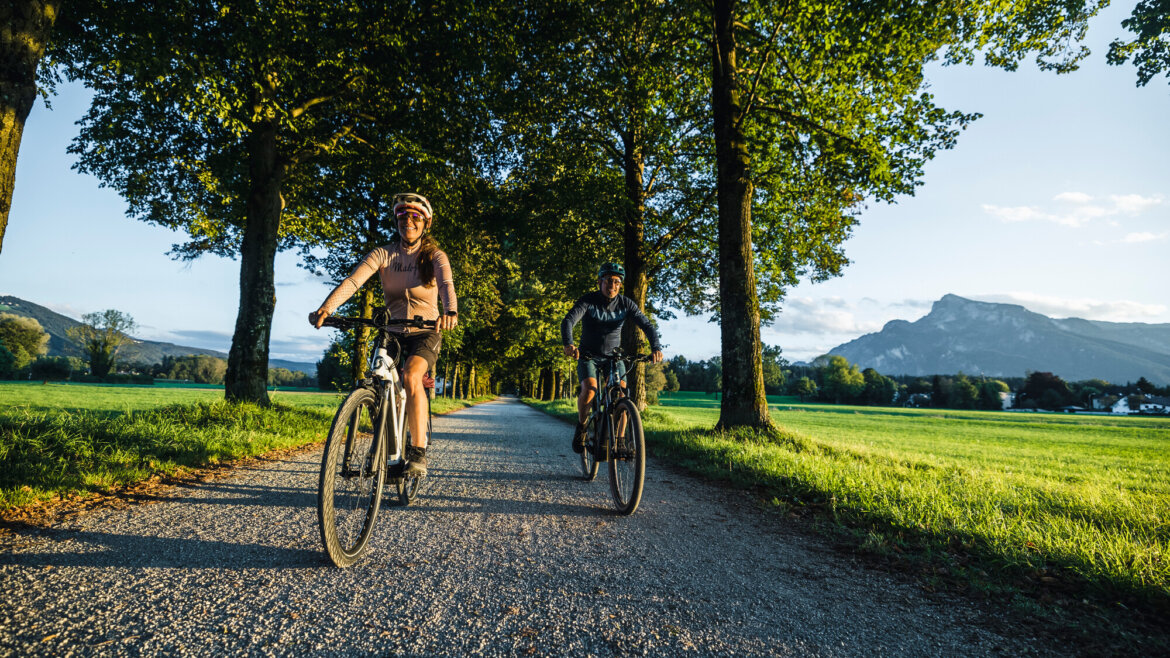 © SalzburgerLand Tourismus, Skyshot GmbH, Tauernradweg Alpe Adria Zwei Menschen fahren mit dem Fahrrad auf der Salzschleife, einem von Bäumen gesäumten Weg, hinter dem sich Berge und grüne Felder erstrecken. (vergrößerte Ansicht)