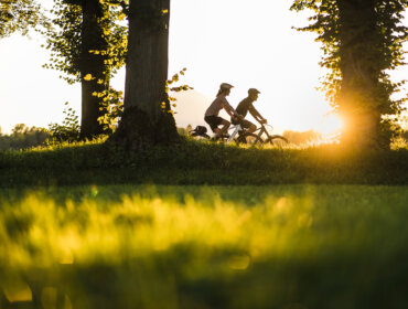 Tauernradweg Alpe Adria Zwei Menschen fahren bei Sonnenuntergang mit dem Fahrrad auf der Salzschleife durch einen grasbewachsenen Park, während das Sonnenlicht durch die Bäume scheint.