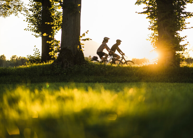 Tauernradweg Alpe Adria Zwei Menschen fahren bei Sonnenuntergang mit dem Fahrrad auf der Salzschleife durch einen grasbewachsenen Park, während das Sonnenlicht durch die Bäume scheint.