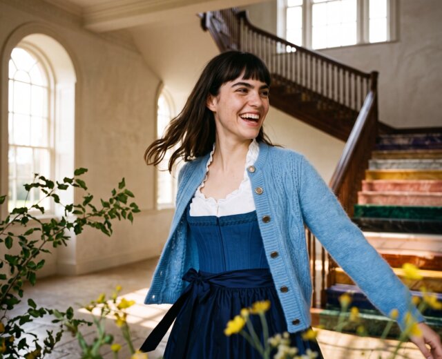 Look 2_Location_139A Eine lächelnde Frau in einem blauen Kleid und einer Strickjacke steht in einem Raum neben einer bunten Treppe und gelben Blumen.