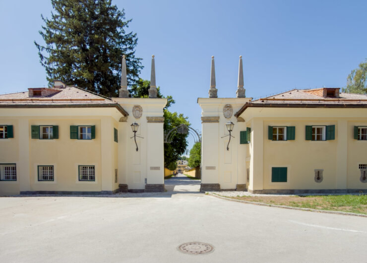 Gelbe, historische Torhausgebäude mit grünen Fensterläden, die von einer Straße getrennt werden, unter einem strahlend blauen Himmel.