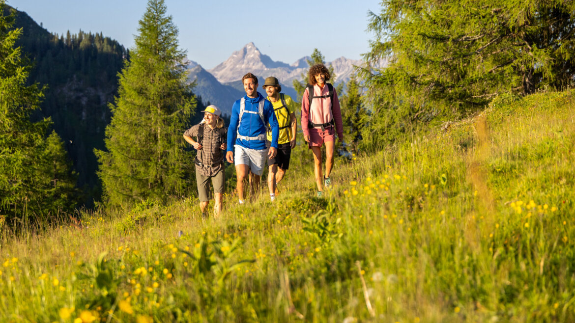 Flachau Summer Hiking (c) Flachau Tourismusrn-berge-19 Four people walking up a grassy, flower-filled hill in Flachau, with trees and mountains in the background. (Enlarged view)