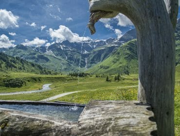 A wooden fountain trickles water in Gastein’s green mountain valley, with a stream and snowy peaks beyond.